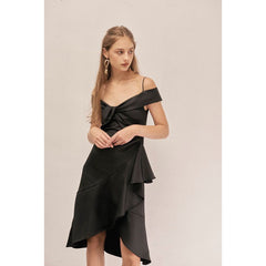 Off-shoulder silk midi dress with asymmetric hem and draped ruffle detail for evening elegance