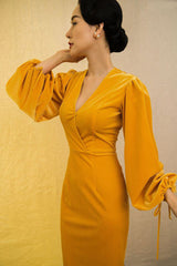Velvet dress with plunging neckline and dramatic bishop sleeves for evening elegance