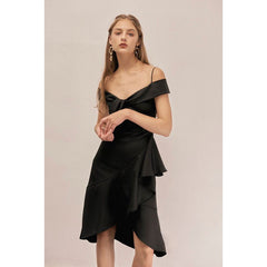 Off-shoulder silk midi dress with asymmetric hem and draped ruffle detail for evening elegance