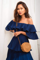 Off-Shoulder Tiered Pleated Midi Dress in Lightweight Silk Blend Fabric