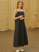 Linen Spaghetti Strap Midi Dress with Flared Hem