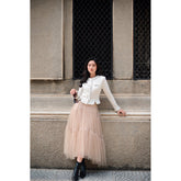 Sheer organza layered midi skirt with flared silhouette and satin waistband detailing