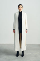 Textured wool long coat with tailored silhouette and open front design