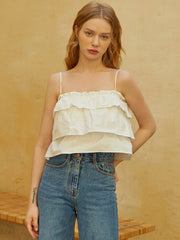 Poplin Ruffle Tiered Crop Top with Spaghetti Straps