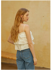 Poplin Ruffle Tiered Crop Top with Spaghetti Straps