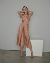 One-Shoulder Draped Silk Dress with Waist Tie and High Slit Detailing