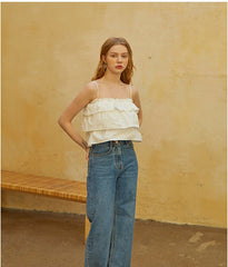 Tiered Ruffle Linen Top with Spaghetti Straps