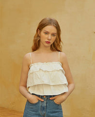 Poplin Ruffle Tiered Crop Top with Spaghetti Straps
