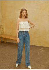 Poplin Ruffle Tiered Crop Top with Spaghetti Straps