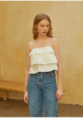Poplin Ruffle Tiered Crop Top with Spaghetti Straps