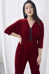 Velvet blouse with V-neckline and lace trim detail for refined seasonal dressing