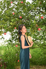 Halter Neck Pleated Midi Dress in Lightweight Silk Fabric with Flowy A-Line Silhouette