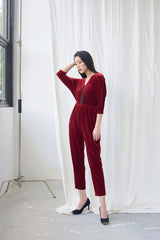 Velvet blouse with V-neckline and lace trim detail for refined seasonal dressing