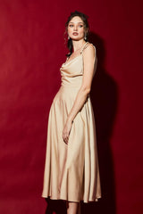 Sleeveless silk midi dress with draped cowl neckline and adjustable shoulder tie straps