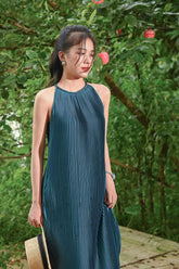 Halter Neck Pleated Midi Dress in Lightweight Silk Fabric with Flowy A-Line Silhouette