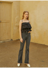 Ruffled Linen Camisole Top with Adjustable Spaghetti Straps