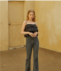 Pantalon en jean taille haute en coton avec coupe slim évasée pour un style quotidien élégant et moderne