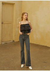 Pantalon en jean taille haute en coton avec coupe slim évasée pour un style quotidien élégant et moderne