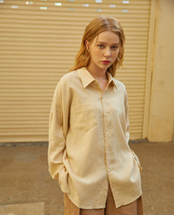 Relaxed Linen Button-Up Shirt with Chest Pocket and Drop Shoulders