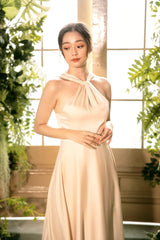 Halter Neck Silk Dress with Twisted Front Detail and Flowing A-Line Midi Skirt