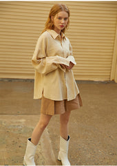 Relaxed Linen Button-Up Shirt with Chest Pocket and Drop Shoulders