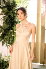 Halter Neck Silk Dress with Twisted Front Detail and Flowing A-Line Midi Skirt