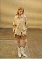 Relaxed Linen Button-Up Shirt with Chest Pocket and Drop Shoulders