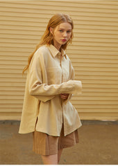 Relaxed Linen Button-Up Shirt with Chest Pocket and Drop Shoulders