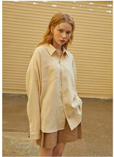 Relaxed Linen Button-Up Shirt with Chest Pocket and Drop Shoulders