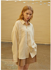 Relaxed Linen Button-Up Shirt with Chest Pocket and Drop Shoulders
