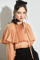 Pleated Cape Sleeve Silk Blouse with High Neck and Bow Tie Detail