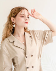 Double-Breasted Midi Linen Dress with Short Sleeves