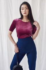 Short-sleeve fitted velvet blouse with classic crew neckline and soft-stretch comfort