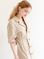 Double-Breasted Midi Linen Dress with Short Sleeves
