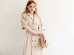 Double-Breasted Midi Linen Dress with Short Sleeves