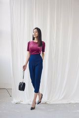 Short-sleeve fitted velvet blouse with classic crew neckline and soft-stretch comfort