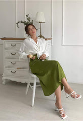 High-Waisted A-Line Midi Skirt in Lightweight Silk with Smooth Drape and Flow