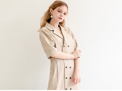 Double-Breasted Midi Linen Dress with Short Sleeves