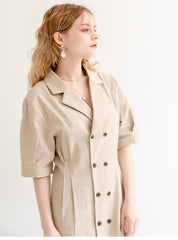Double-Breasted Midi Linen Dress with Short Sleeves