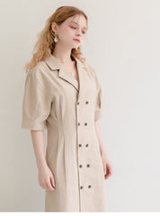 Double-Breasted Midi Linen Dress with Short Sleeves