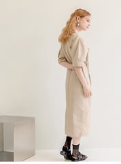 Double-Breasted Midi Linen Dress with Short Sleeves
