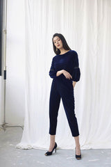 Velvet blouse with soft draped fit and pleated sleeves for elevated day-to-evening styling