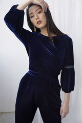 Velvet blouse with soft draped fit and pleated sleeves for elevated day-to-evening styling