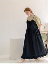 Linen Ruffle Hem Maxi Dress with Button-Front Detail