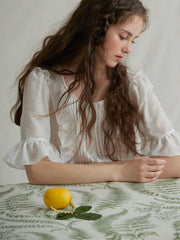 Ruffle Trim Linen Top with Pleated Front and Tie Waist