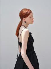 Gathered Linen Midi Dress with Spaghetti Straps and Elastic Waist Detailing