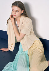 Pleated Chiffon Midi Skirt with Asymmetric Colorblock and Lightweight Sheer Texture