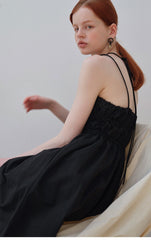 Gathered Linen Midi Dress with Spaghetti Straps and Elastic Waist Detailing