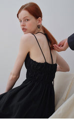 Gathered Linen Midi Dress with Spaghetti Straps and Elastic Waist Detailing