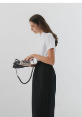 Elastic Waist Linen Midi Skirt with Back Zip Closure for Women